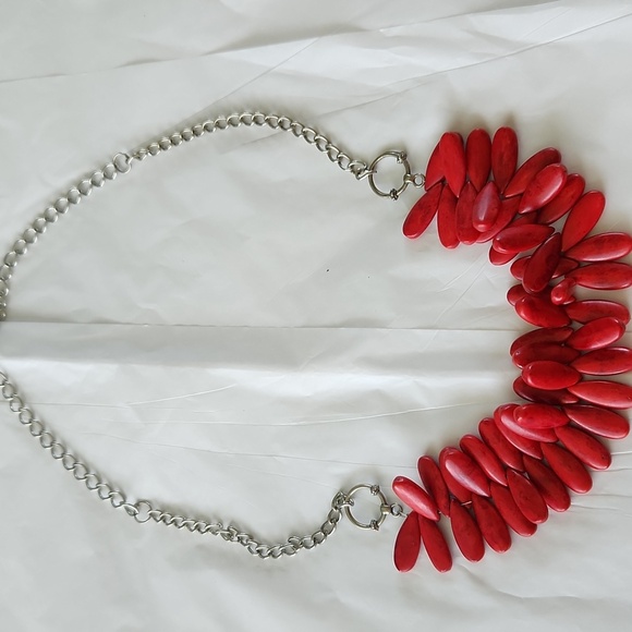 Stone Teardrop Red Statement Silvertone Chain Aztec Western - Picture 1 of 10